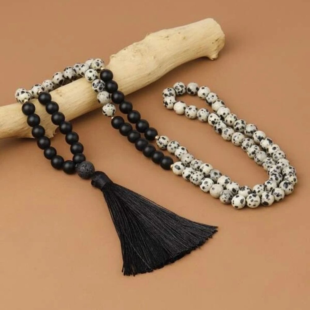 Natural Stone Onyx 108 Mala Beads Prayer Tassel Healing Amulet Necklace Men Gift